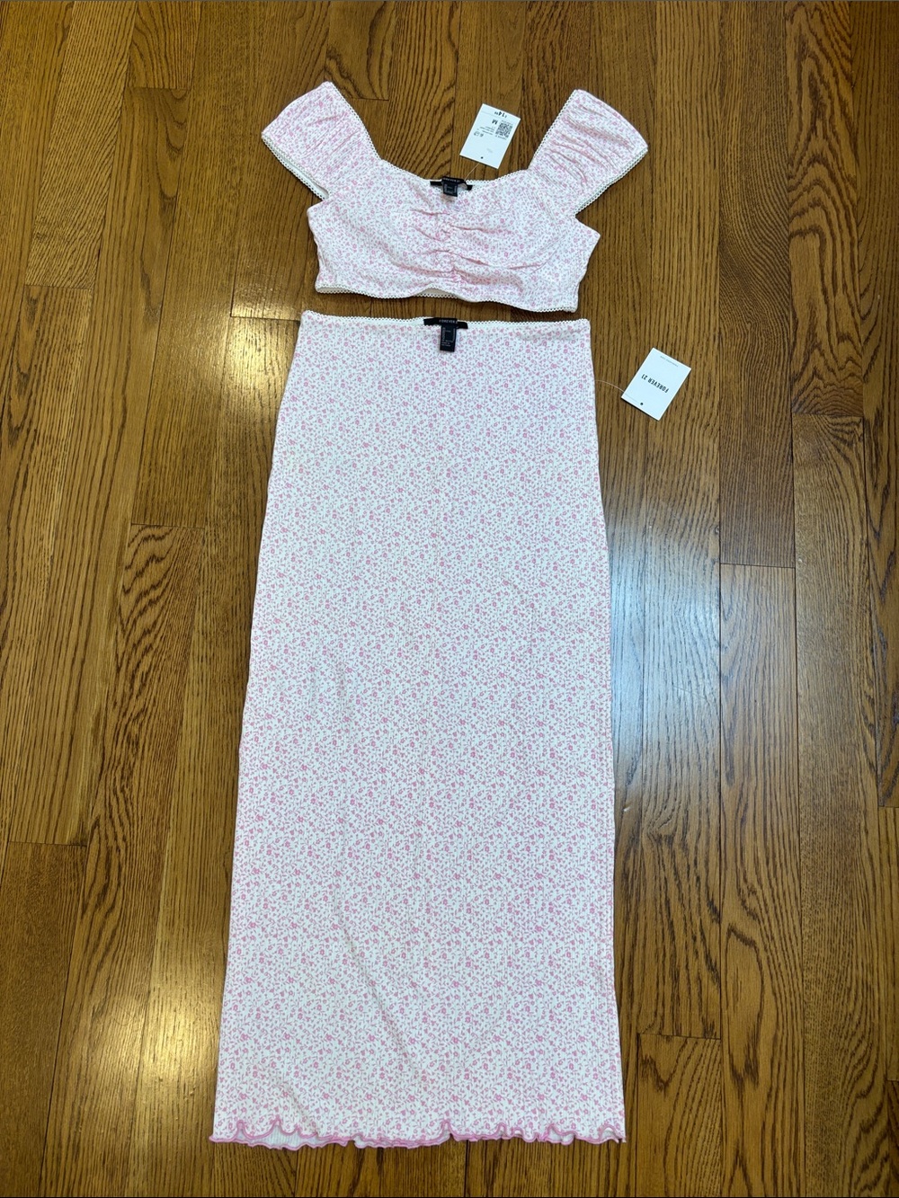 Forever 21 Pink Floral Crop Top & Skirt Set